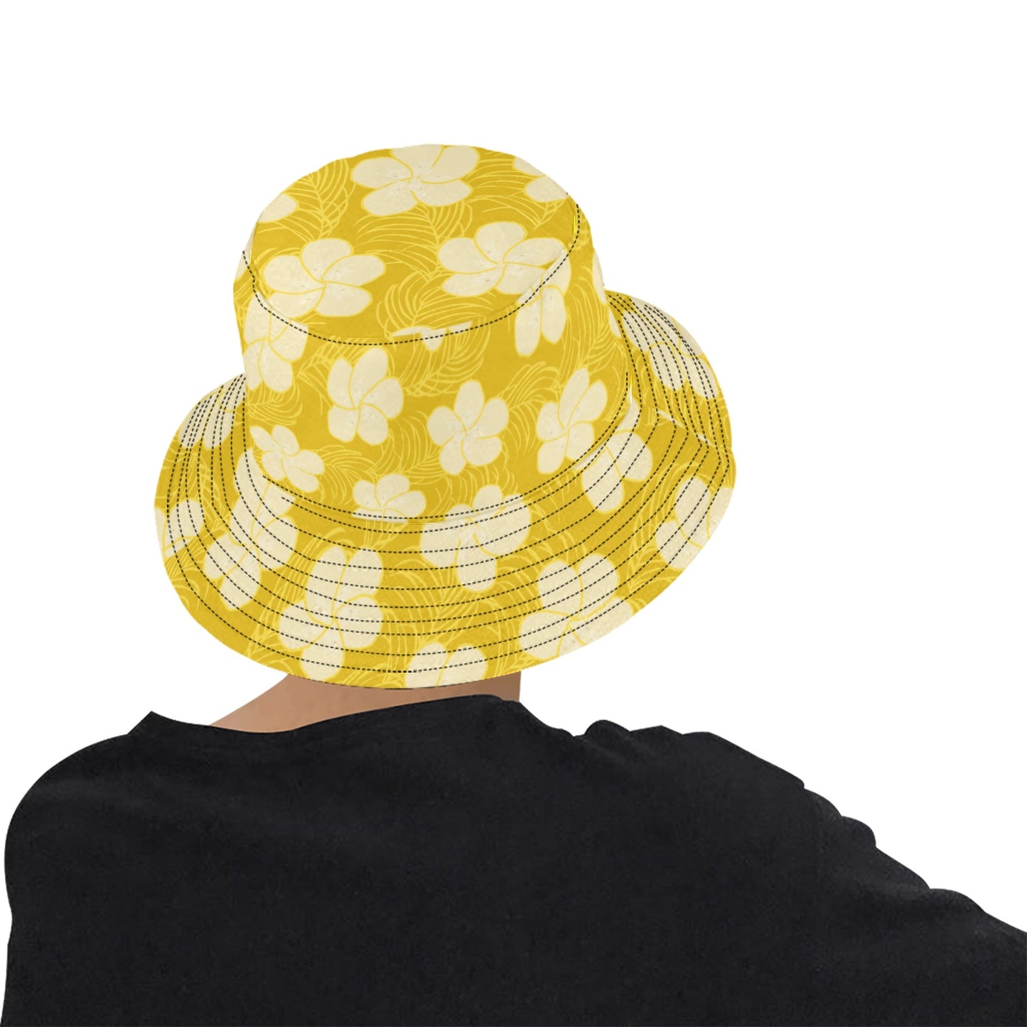 Yellow bucket hat covered in frangipani flowers