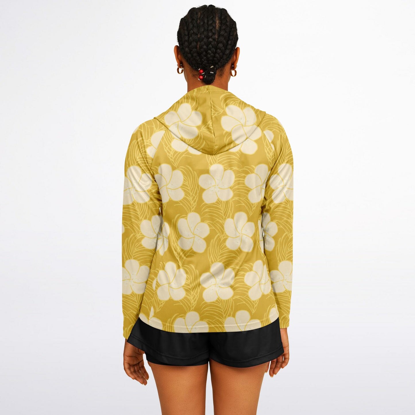 cream Frangipani on yellow background sun protection hoodie back view