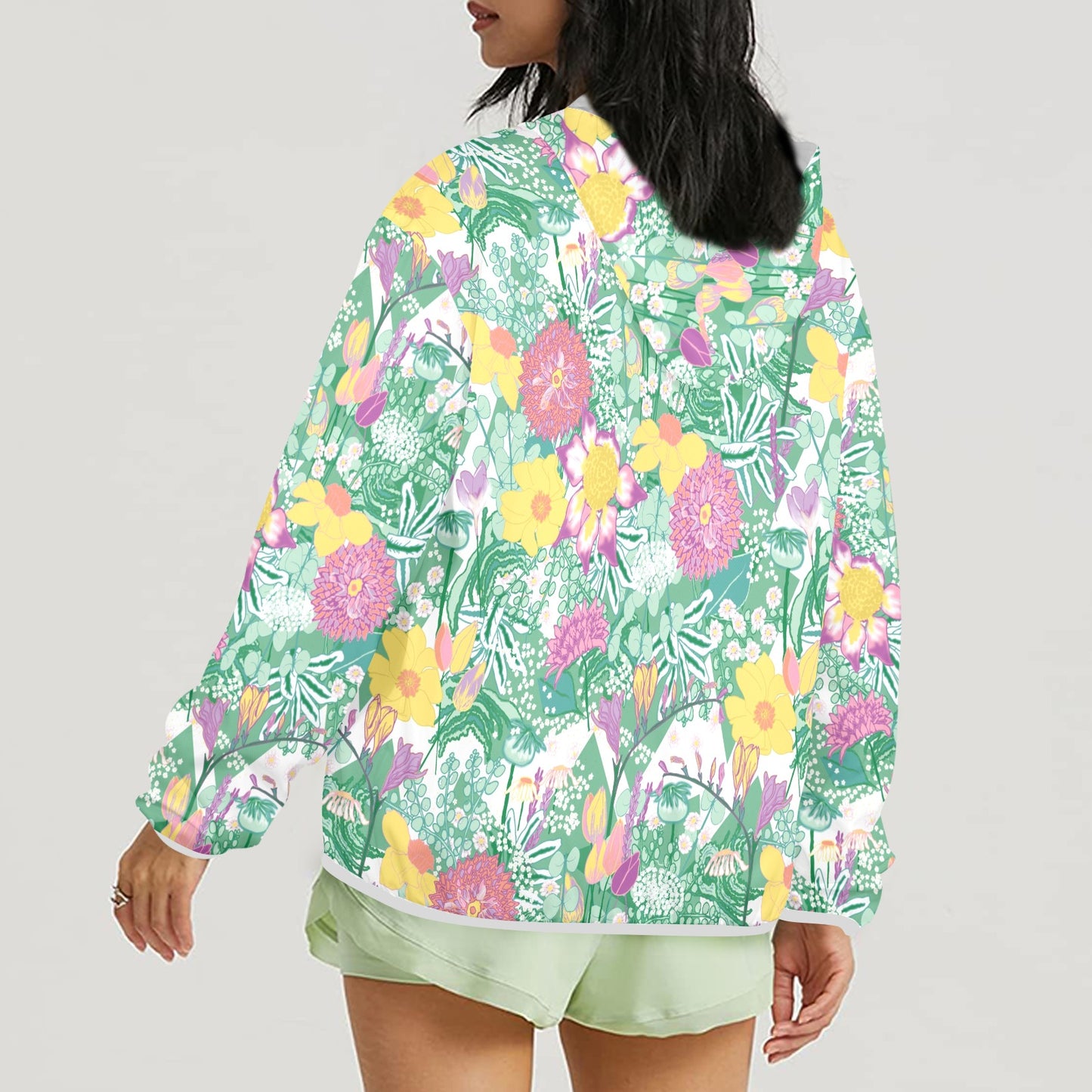 model showing rear view of spring flower sun hoodie