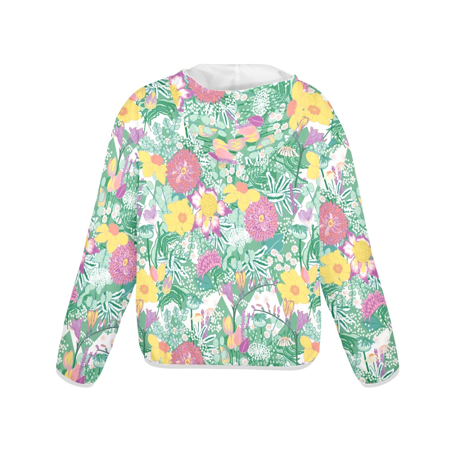 Rear view of sun hoodie with spring flower design