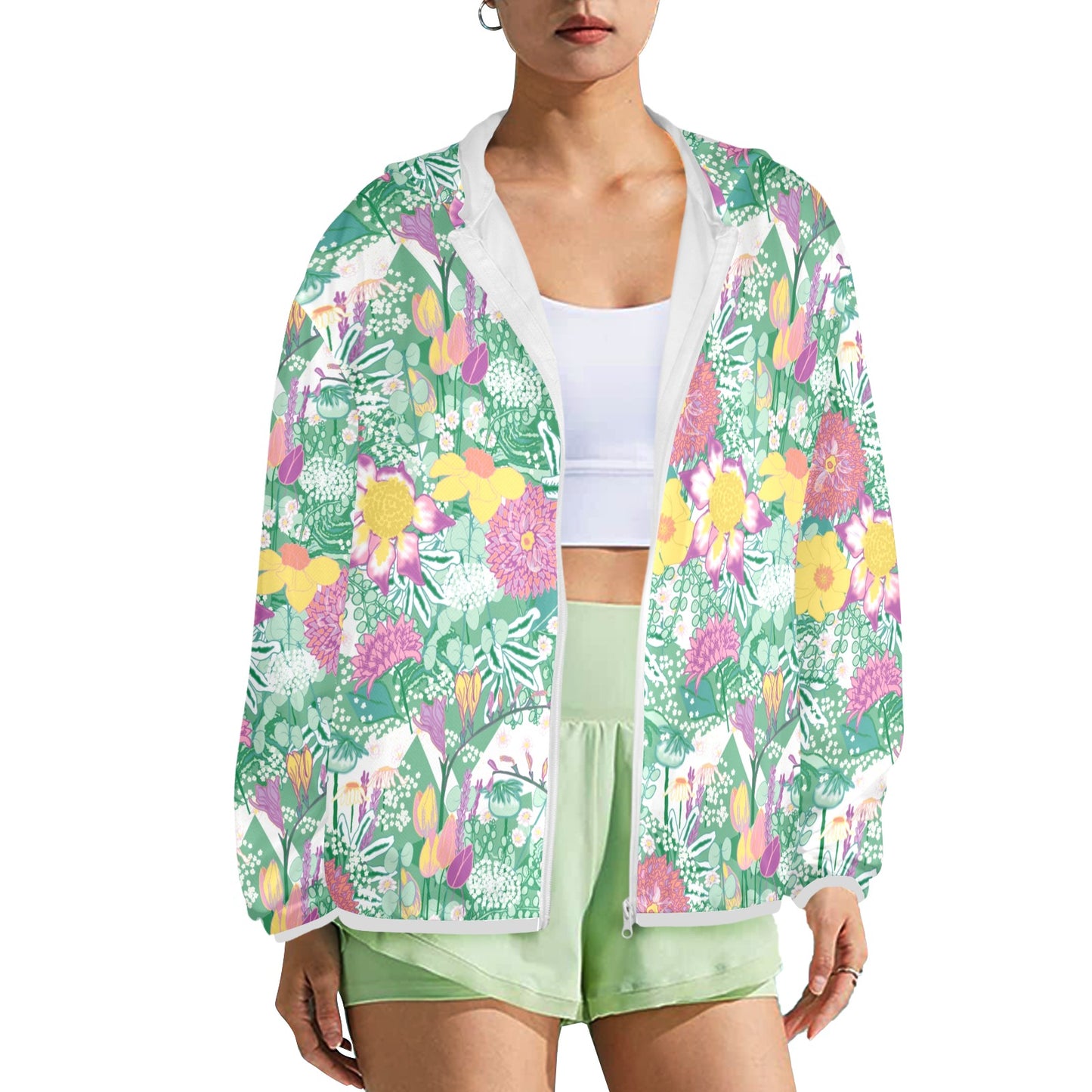 Model showing front view of the spring flower sun hoodie