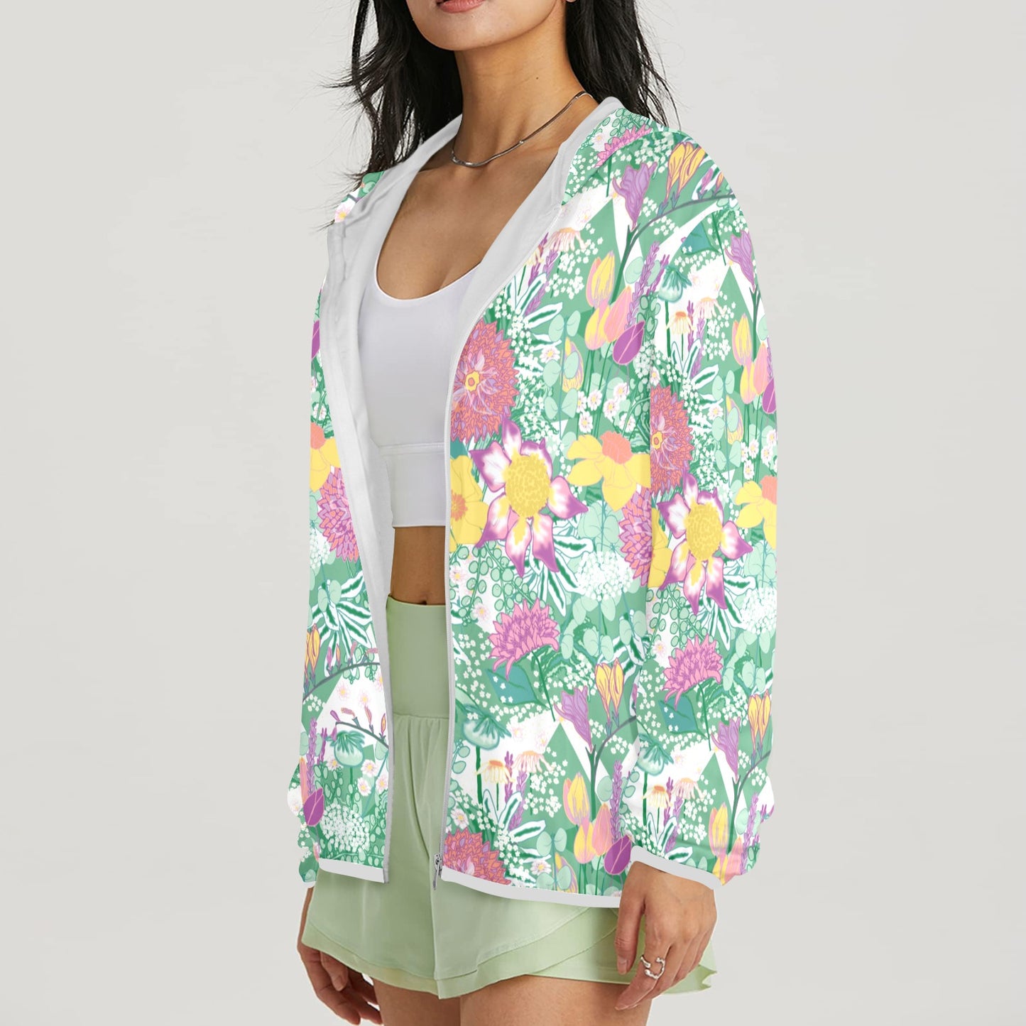 Model showing side view of spring flower sun hoodie