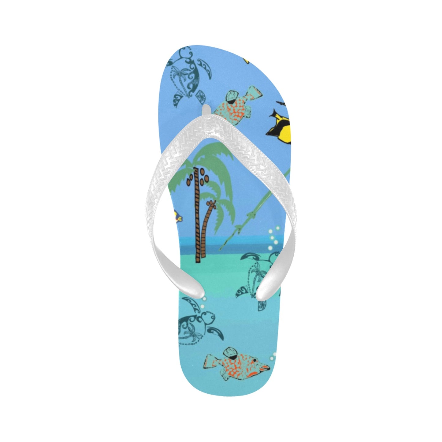 single flip flop with tropical island and tropical fish design