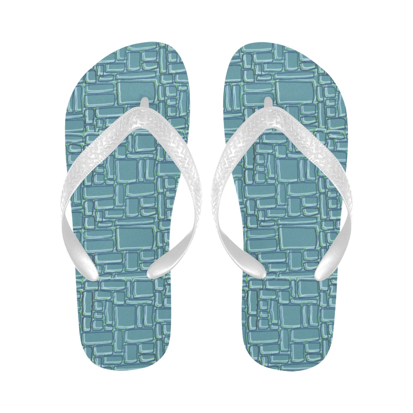 Pair of flip flops with tropical temple stone design in blue green