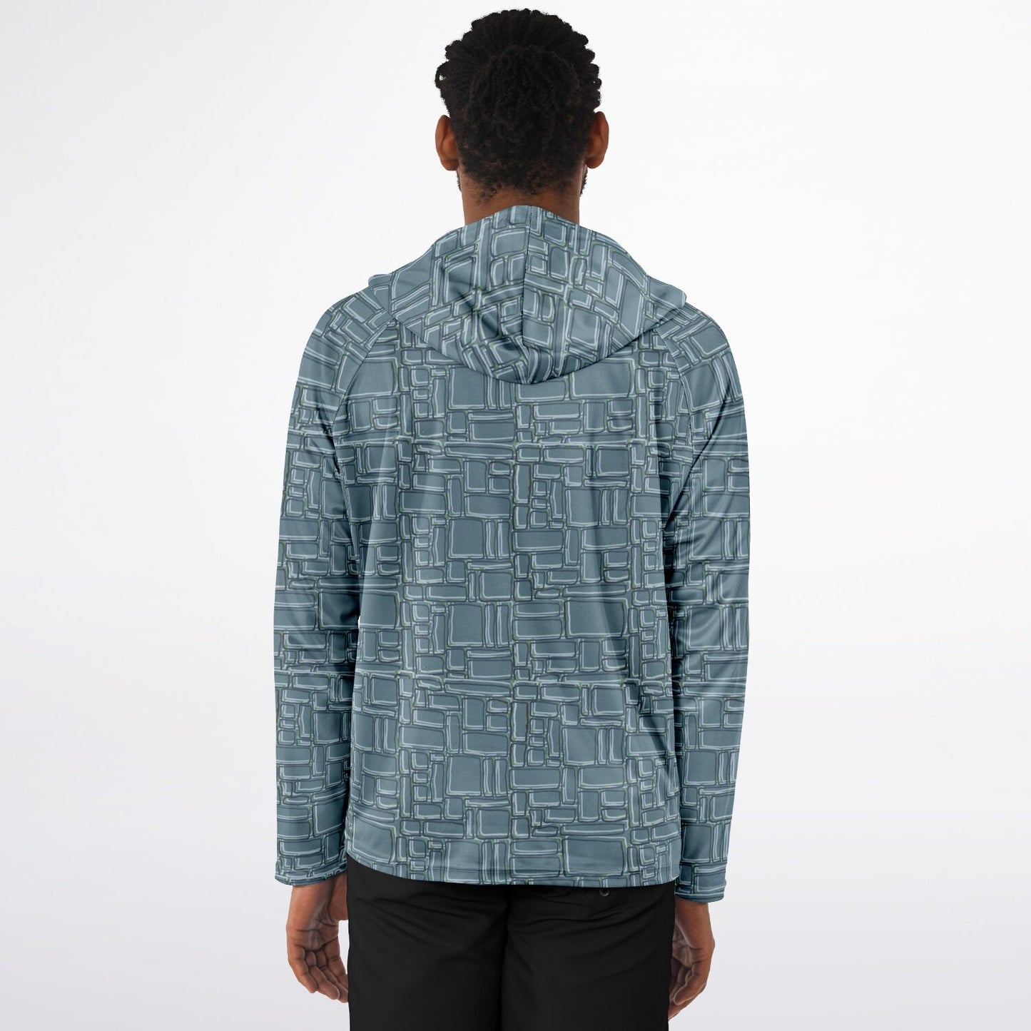 Mens sun protection hoodie with Tropical temple stone in blue green rear view