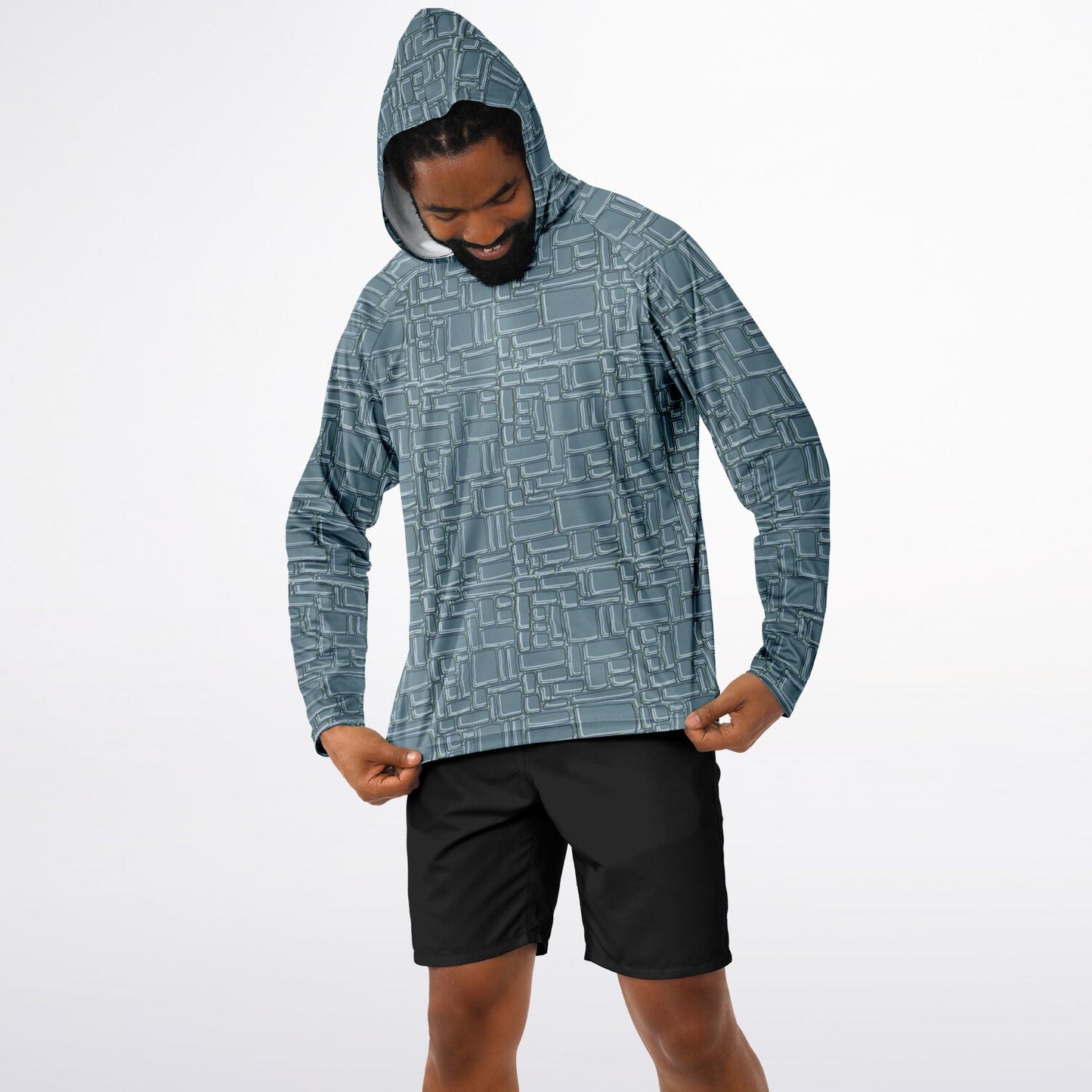 Mens sun protection hoodie with Tropical temple stone in blue green front view