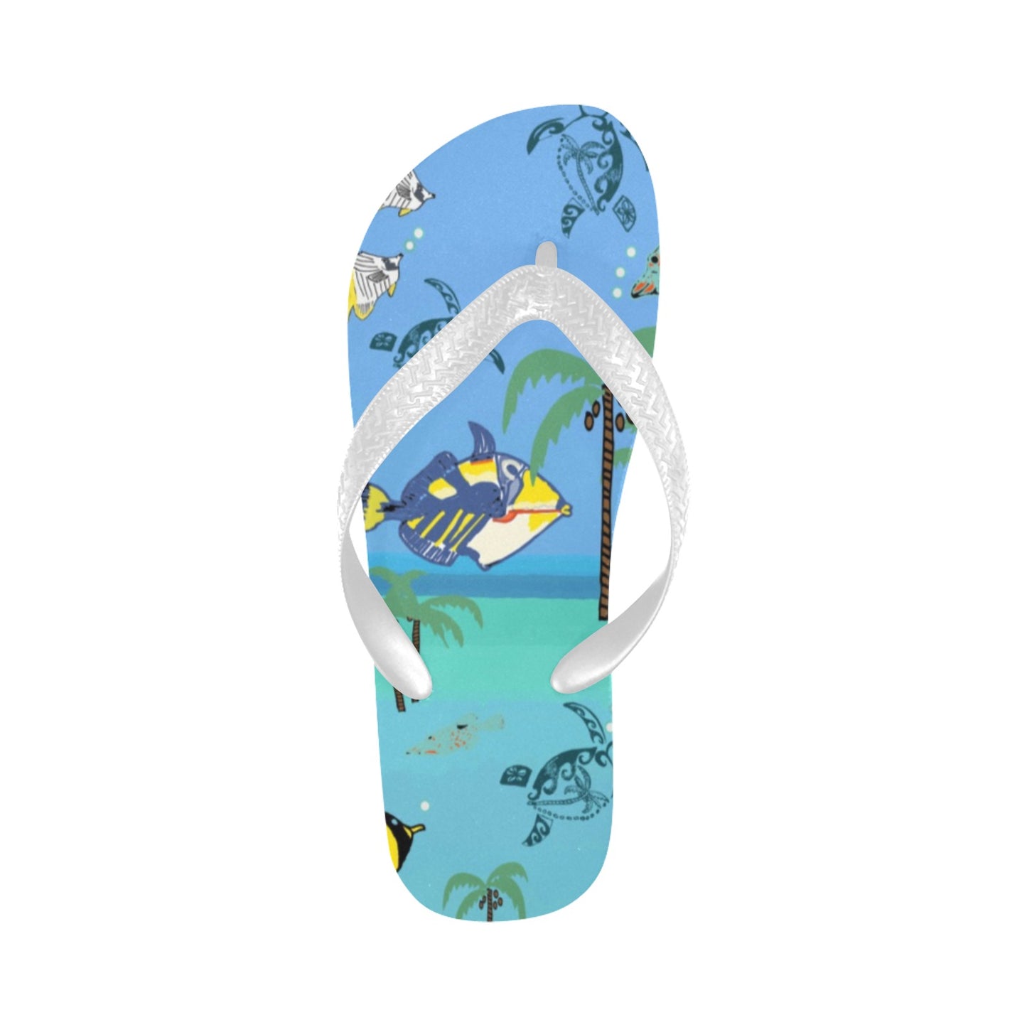 left flip flop with tropical island and tropical fish design