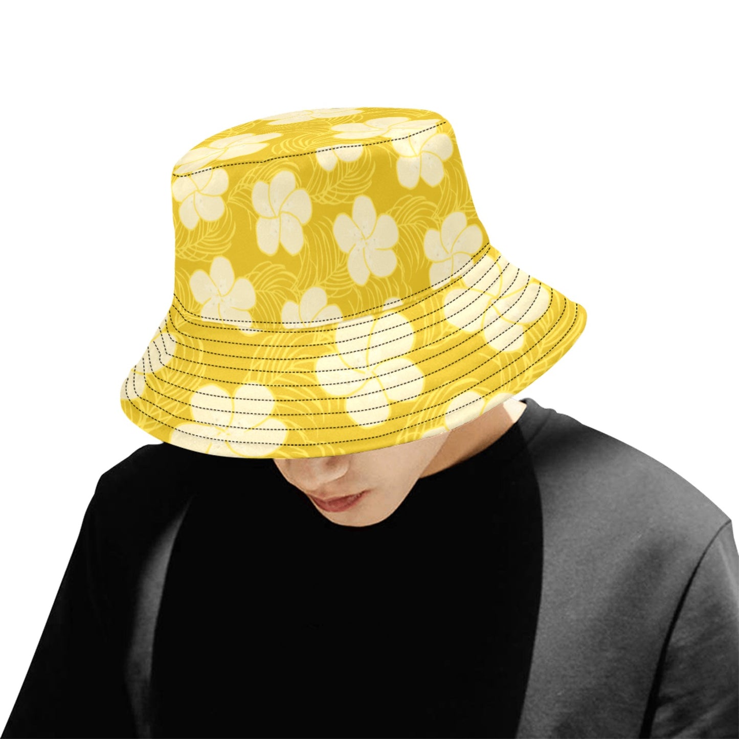 model looking down wearing frangipani bucket hat