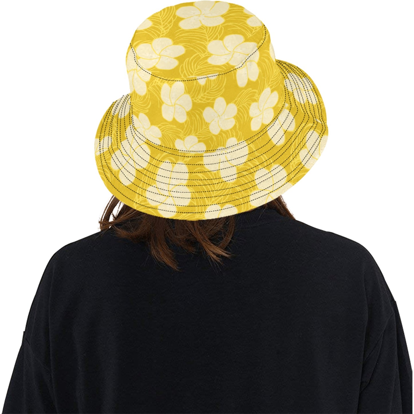 model wearing hand drawn frangipani bucket hat unique