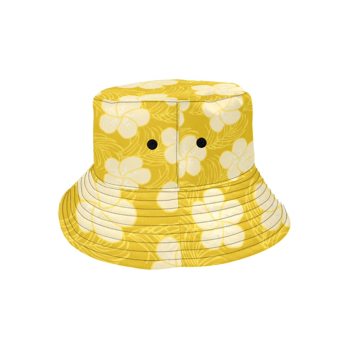 bucket hat with hand drawn frangipani on yellow background