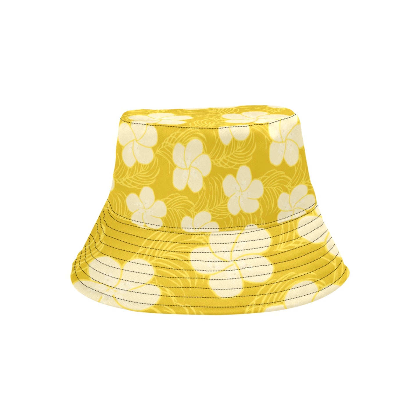 bucket hat with hand drawn frangipani on yellow background front