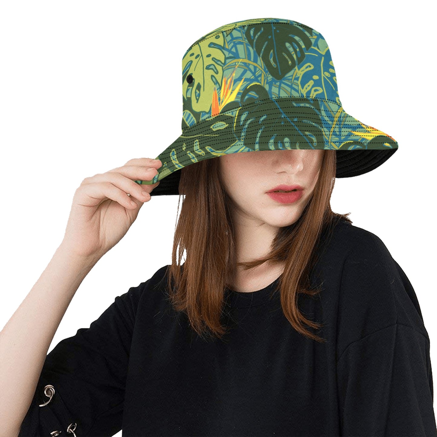 model showing front view wearing tropical canopy monstera leaves bucket hat