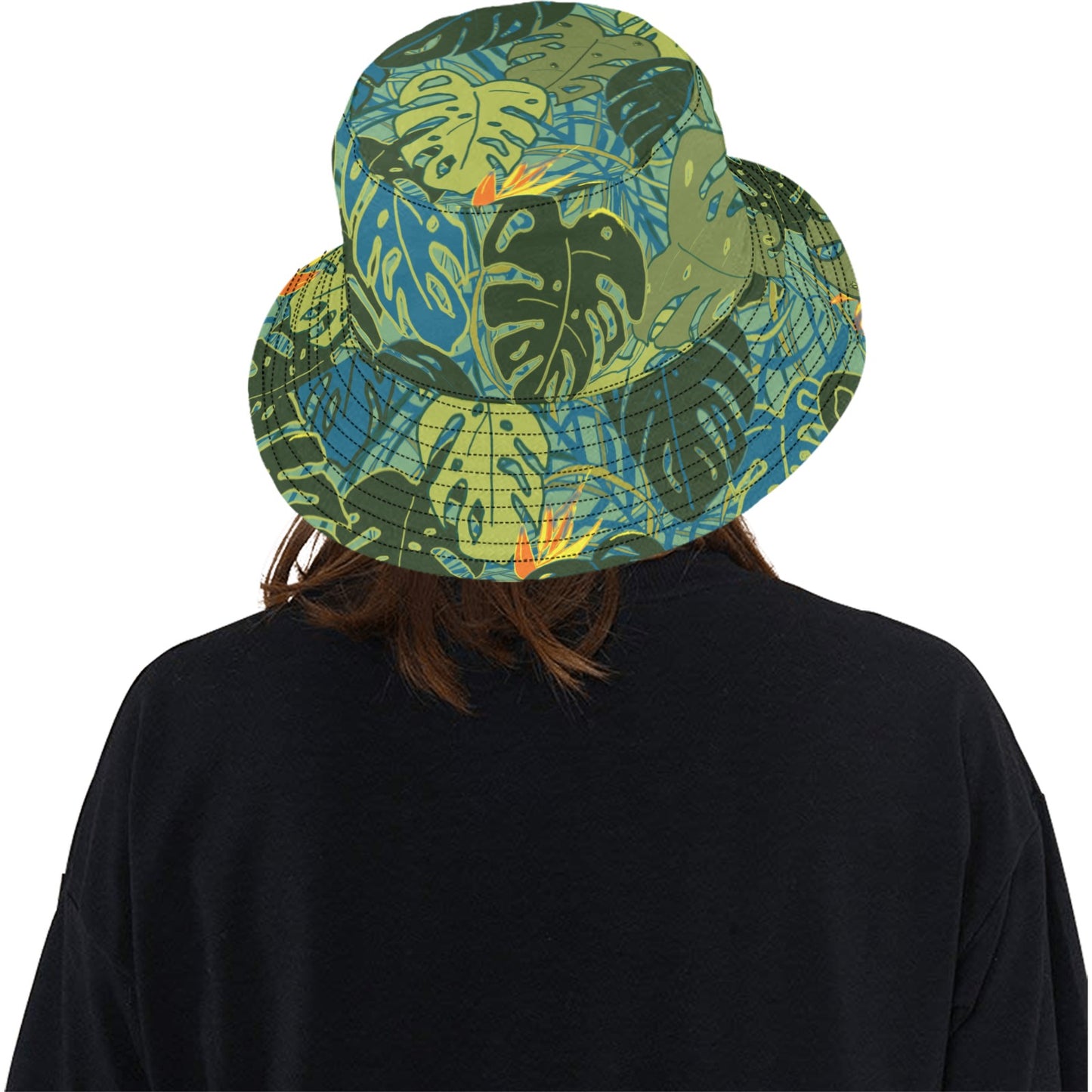 model showing rear view of tropical canopy monstera leaf bucket hat