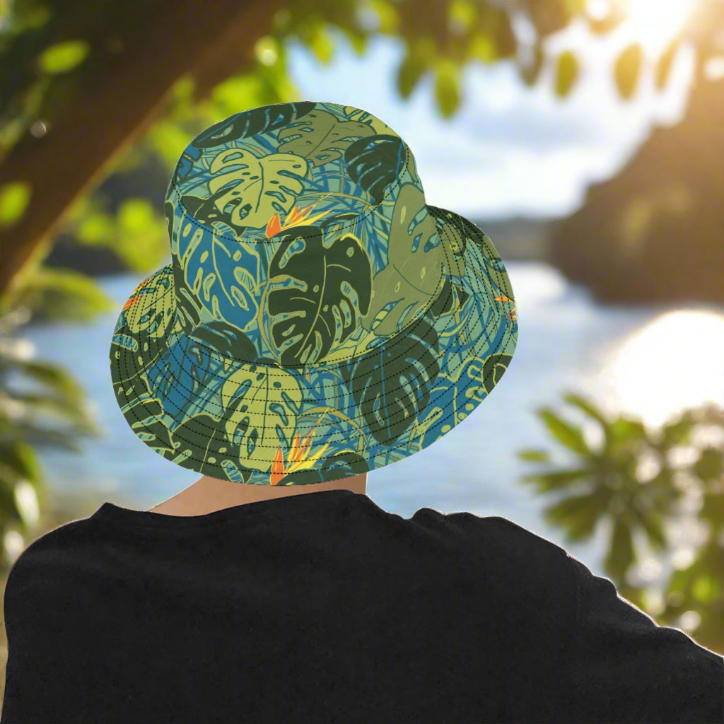 model showing rear view of monstera leaf bucket hat