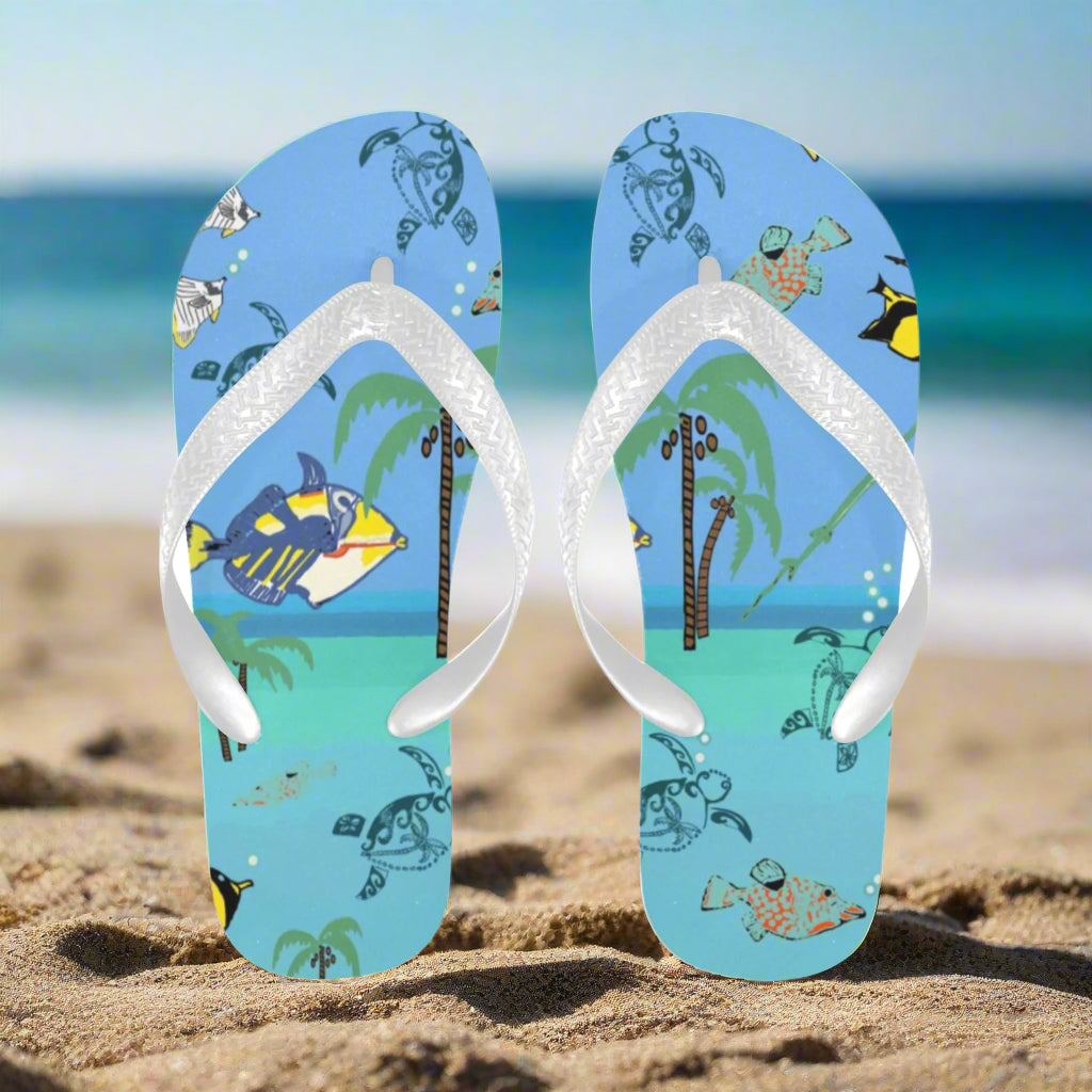 flip flops with tropical island and tropical fish design