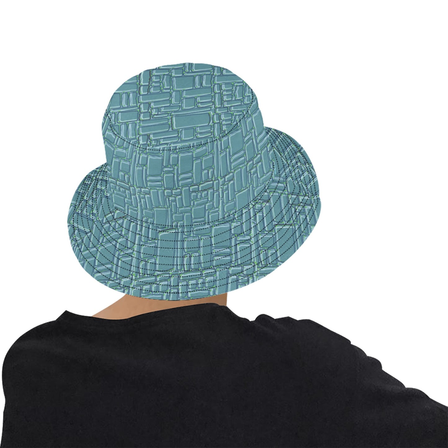 model wearing hand drawn tropical temple stone bucket hat back view