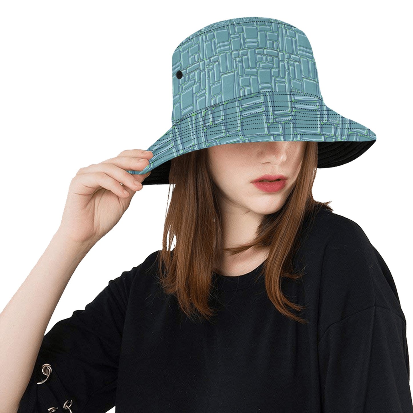 model wearing hand drawn tropical temple stone bucket hat front view