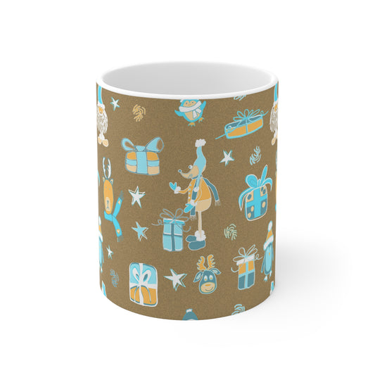 Mug-Warm neutrals design with cute festive animals and Christmas presents-11oz