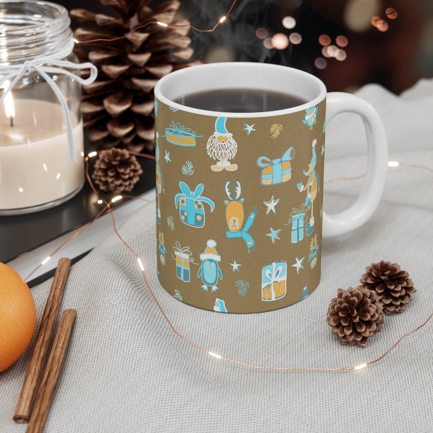 Mug-Warm neutrals design with cute festive animals and Christmas presents-11oz