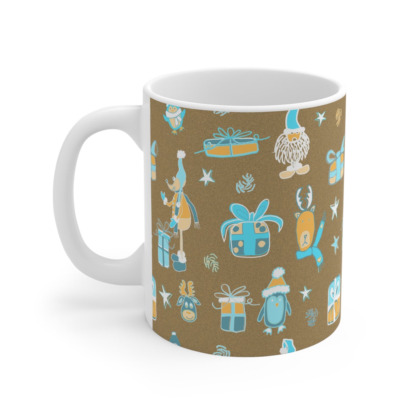 Mug-Warm neutrals design with cute festive animals and Christmas presents-11oz