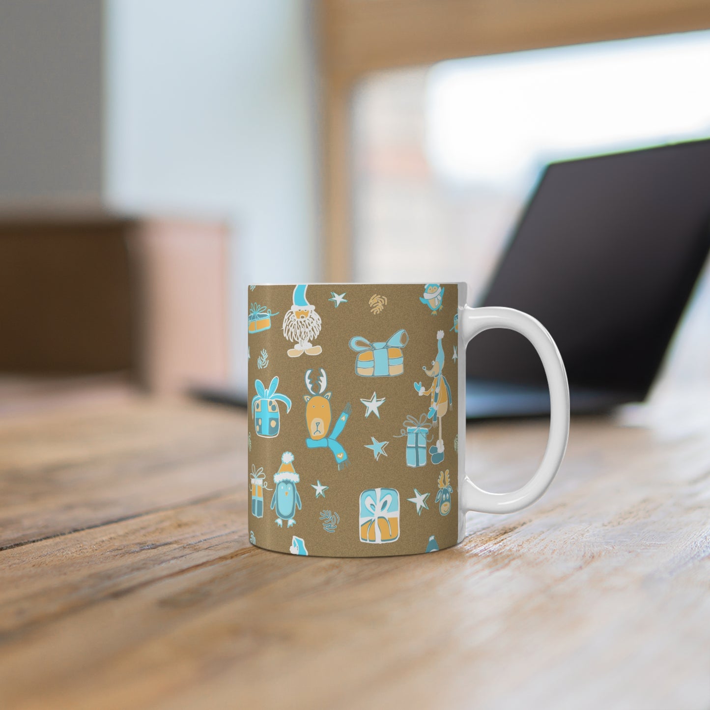 Mug-Warm neutrals design with cute festive animals and Christmas presents-11oz