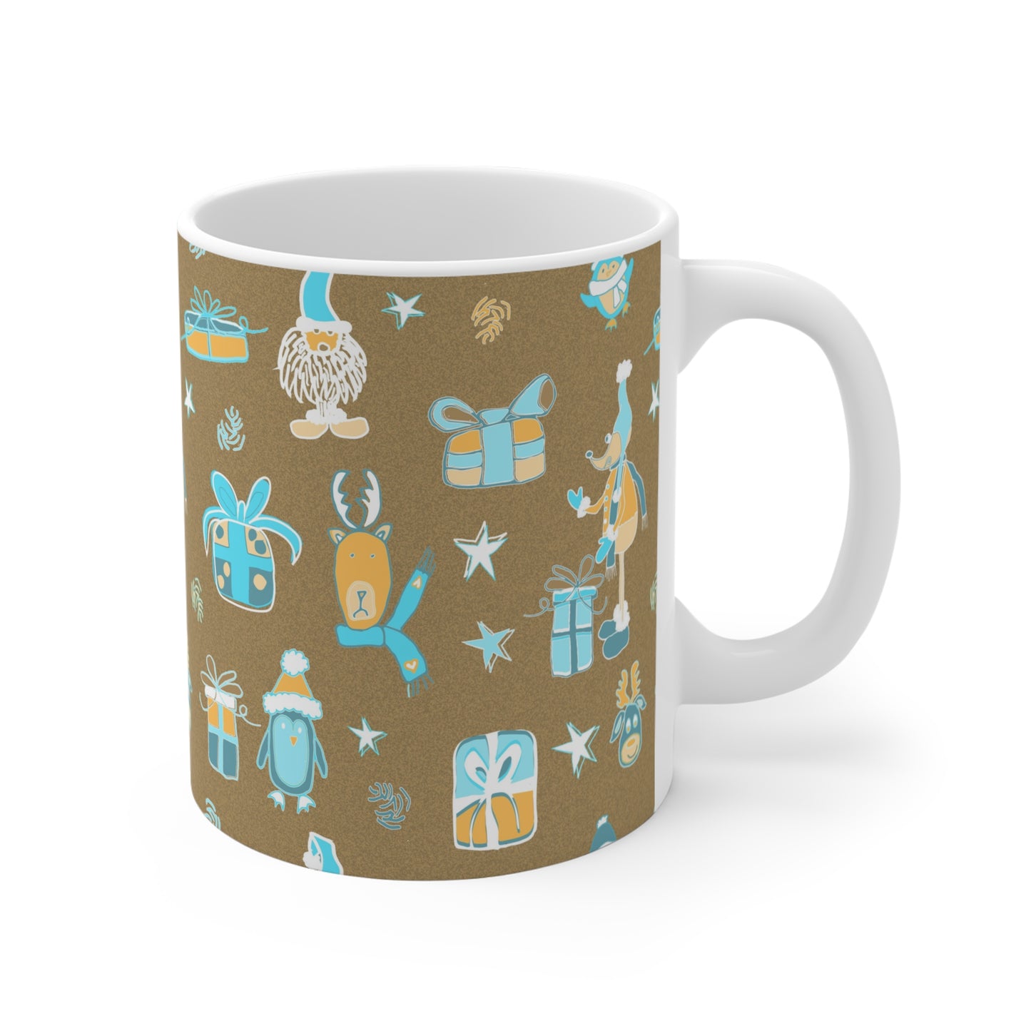 Mug-Warm neutrals design with cute festive animals and Christmas presents-11oz