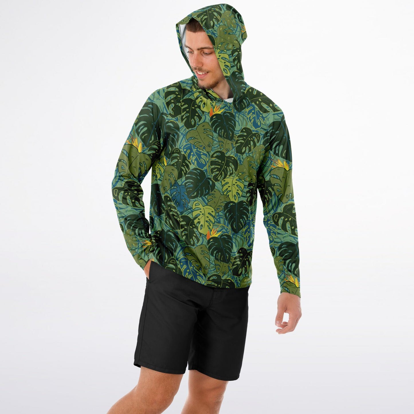 Men's Tropical canopy UPF 40+ Sun protection hoodie.    Sustainably 100% recycled
