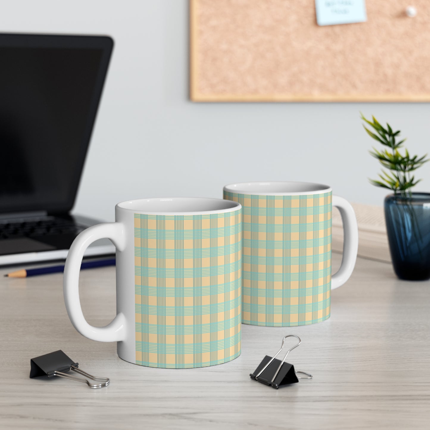 Mug 11oz - Cool Blue and Warm Neutral Check Design