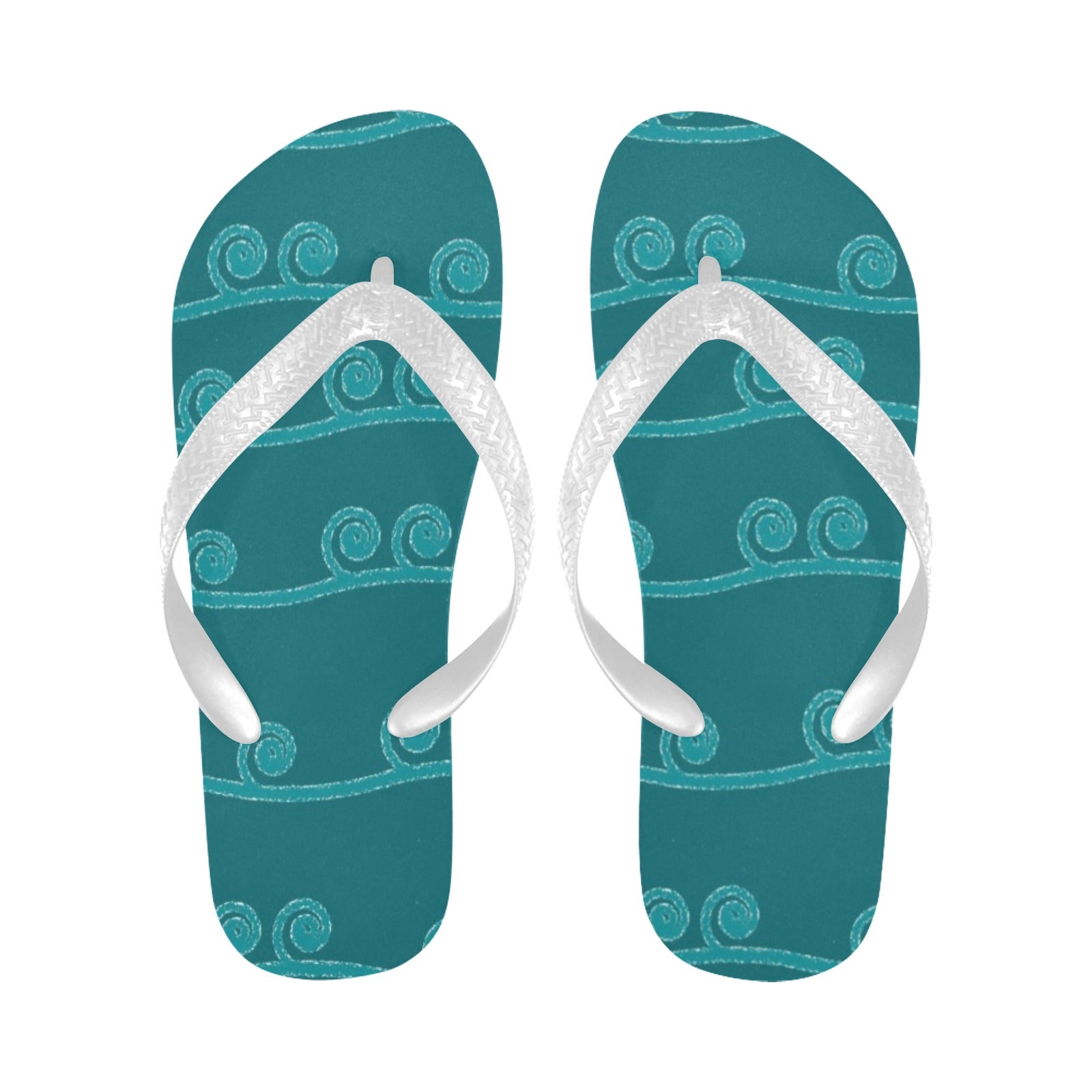 flip flops with a blue green curly ocean wave design