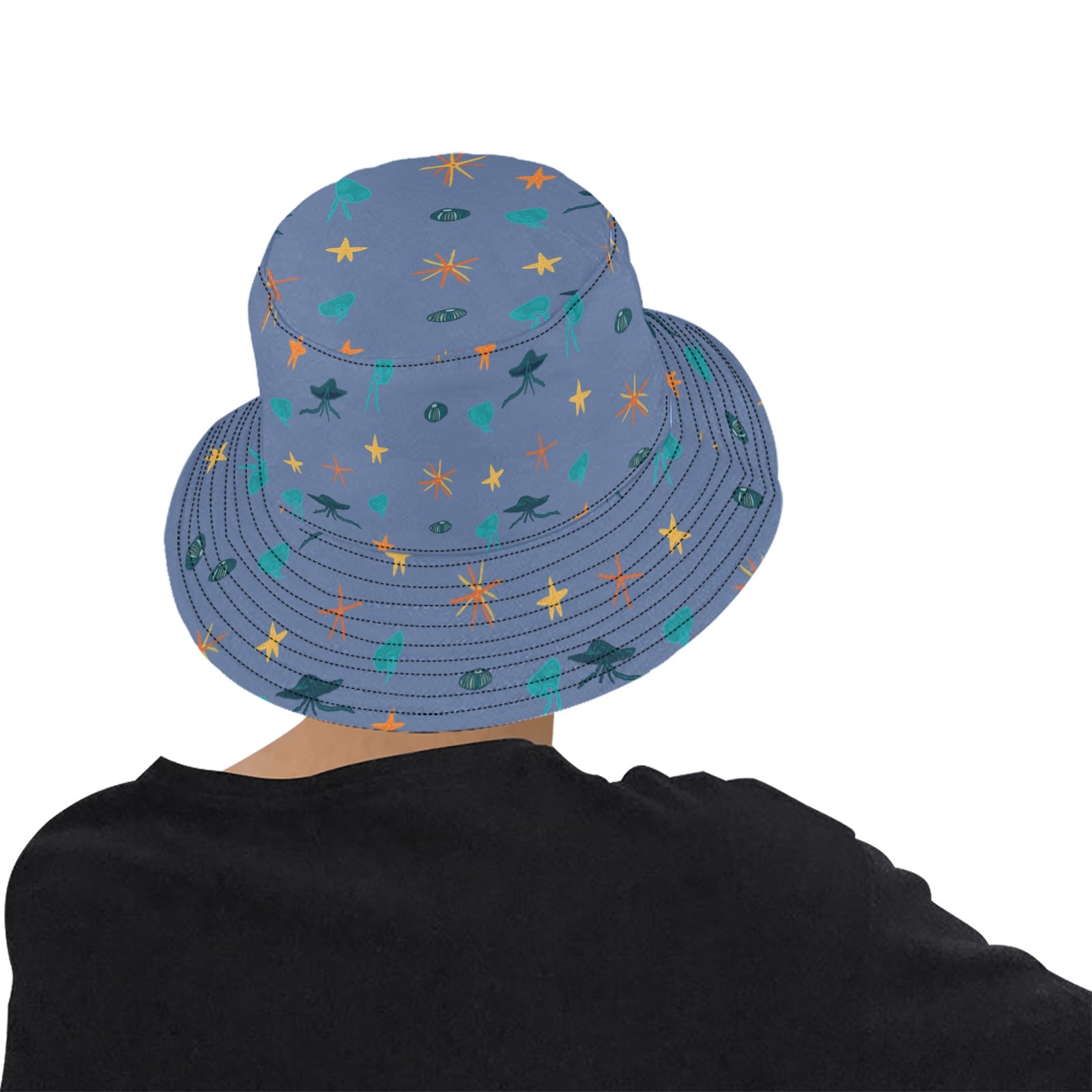Model wearing JellyStars bucket hat rear shoulder pose