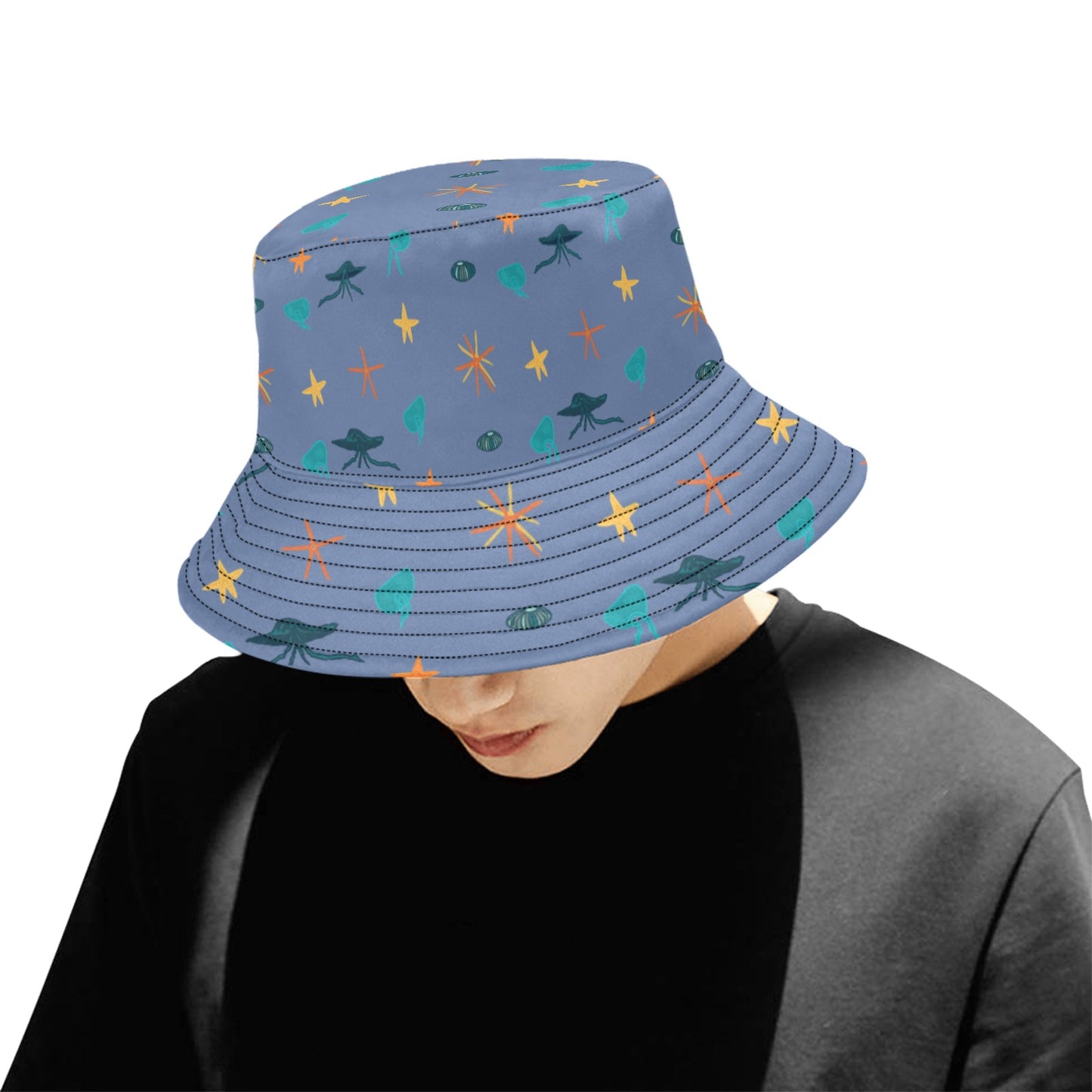 Model posing looking to floor with jellystars bucket hat on