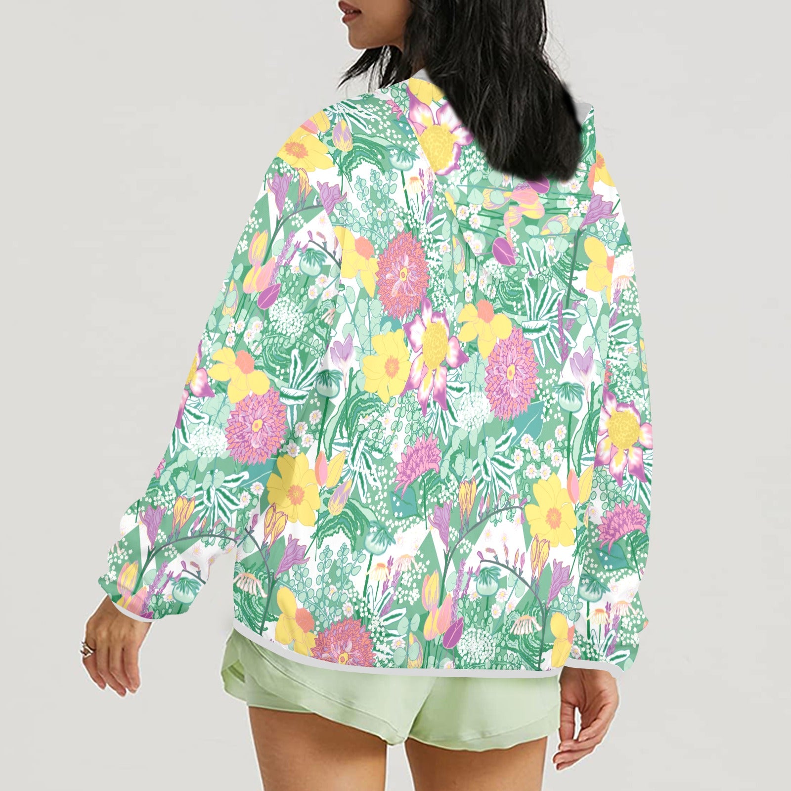 model showing rear view of spring flower sun hoodie
