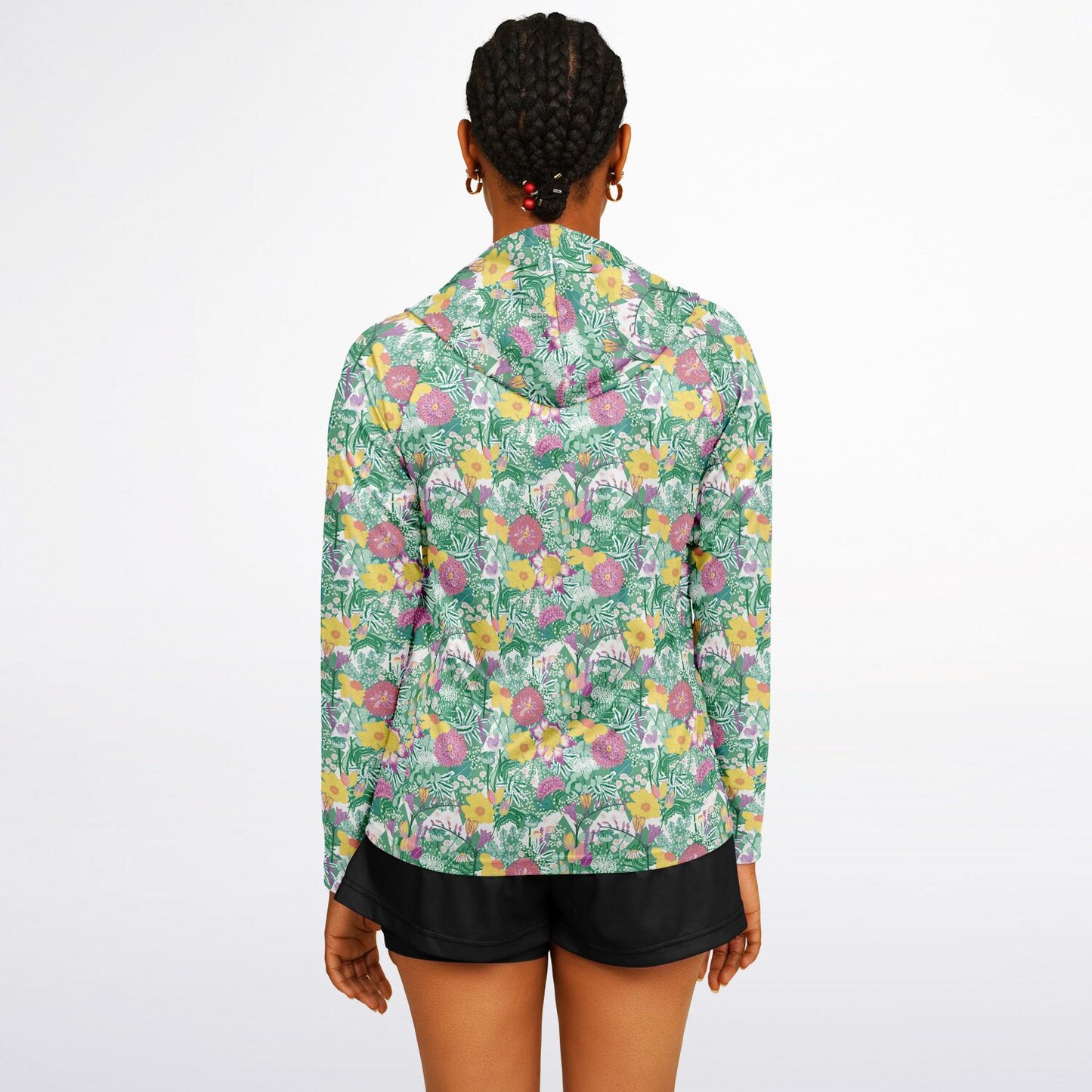 Sun protection hoodie with bright and colourful spring flower bouquet back view