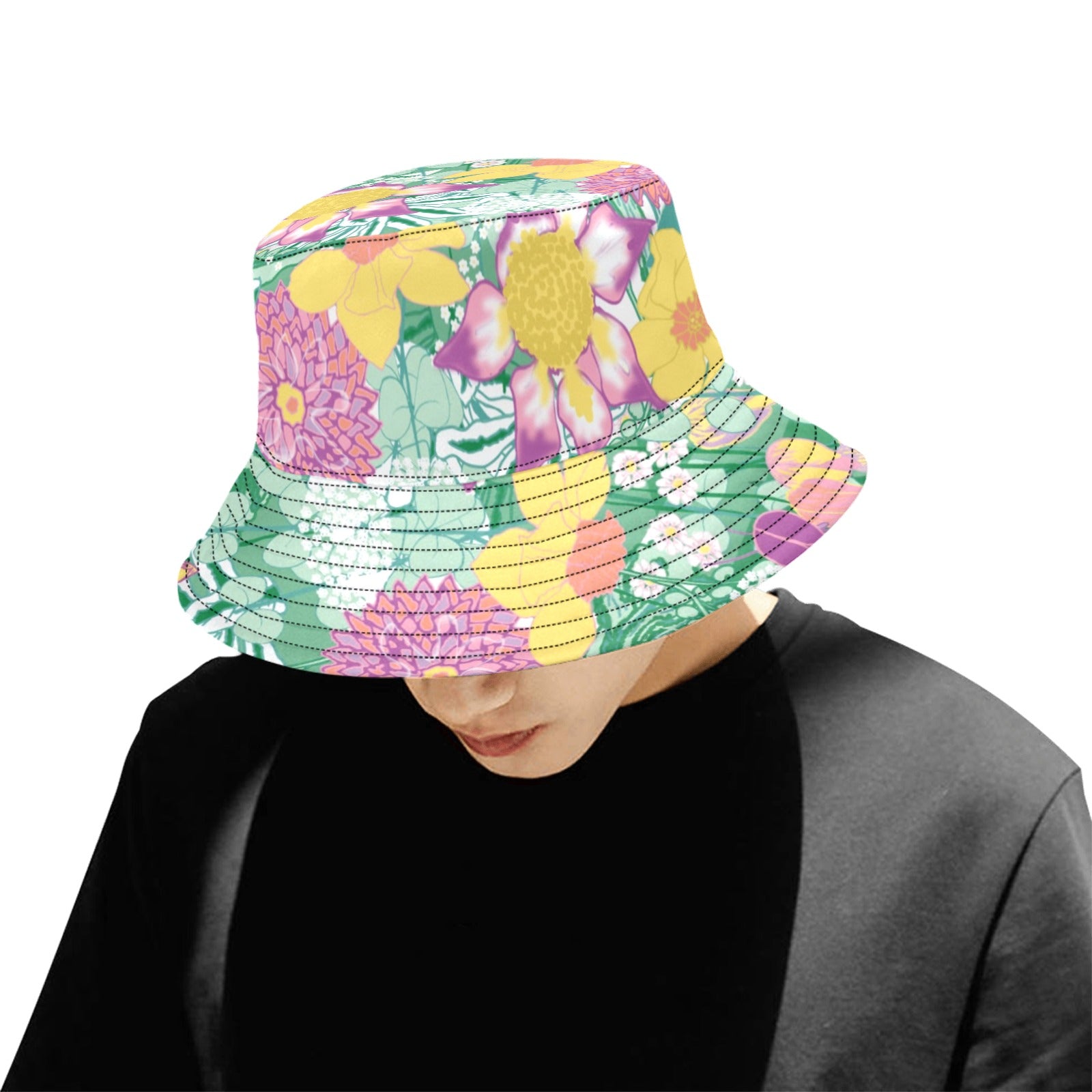 Model wearing the spring flower bucket hat showing front looking down