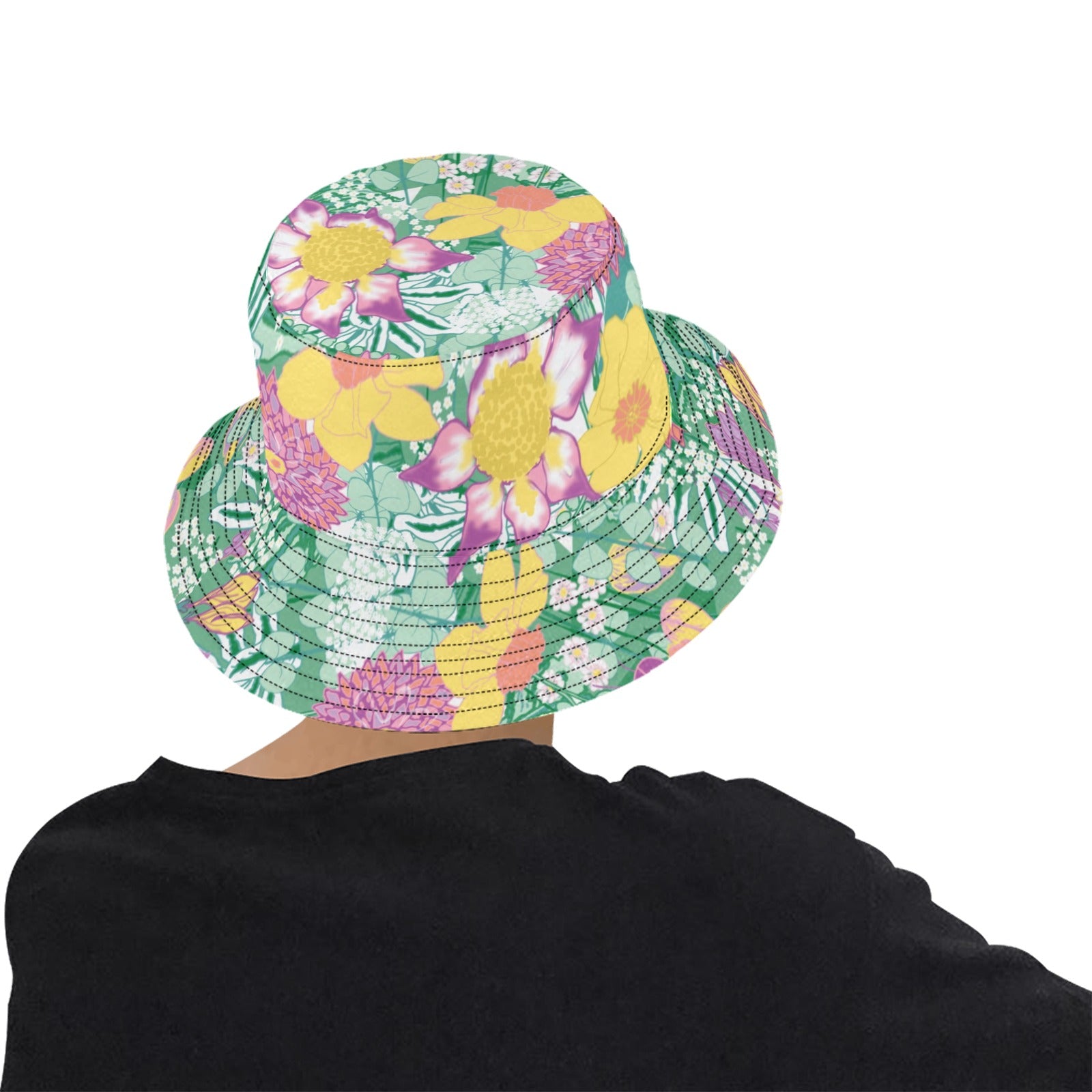 model wearing spring flower bucket hat showing back view