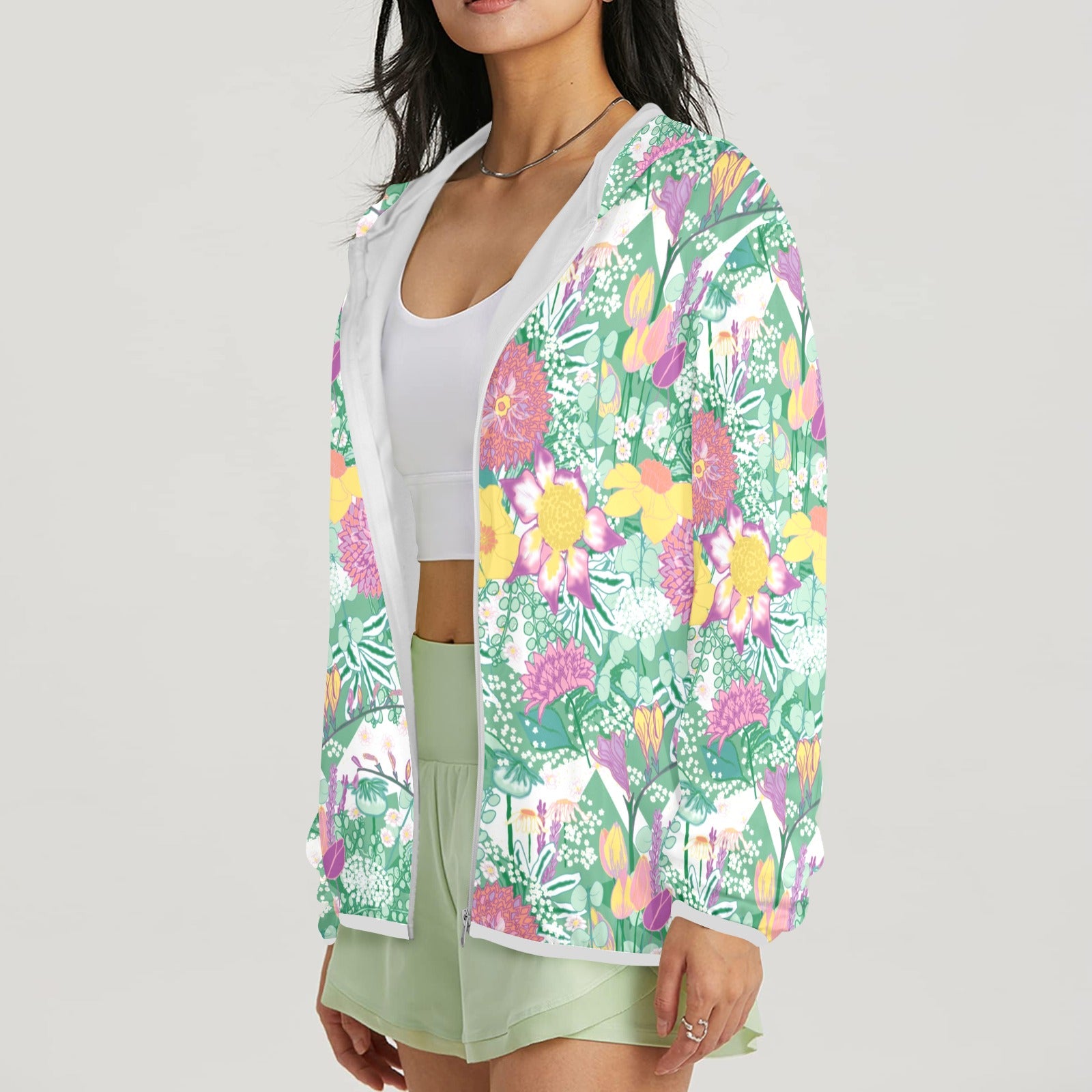 Model showing side view of spring flower sun hoodie