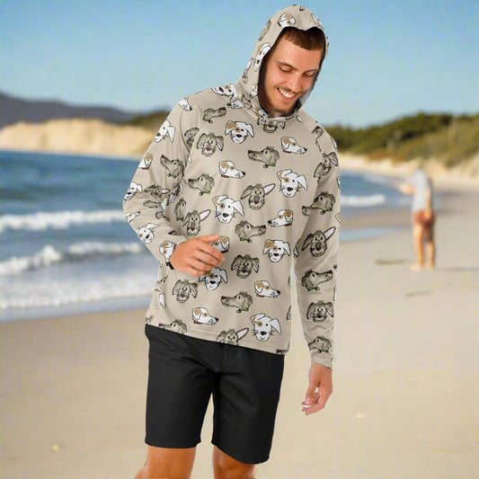 Man wearing a beige sun hoodie with dog design