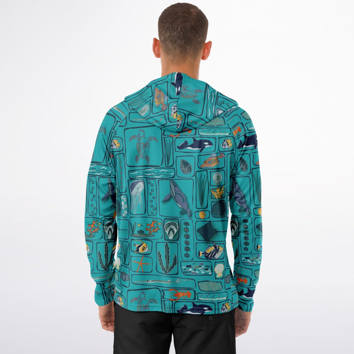 Blue green background with underwater wonders sealife rear iew