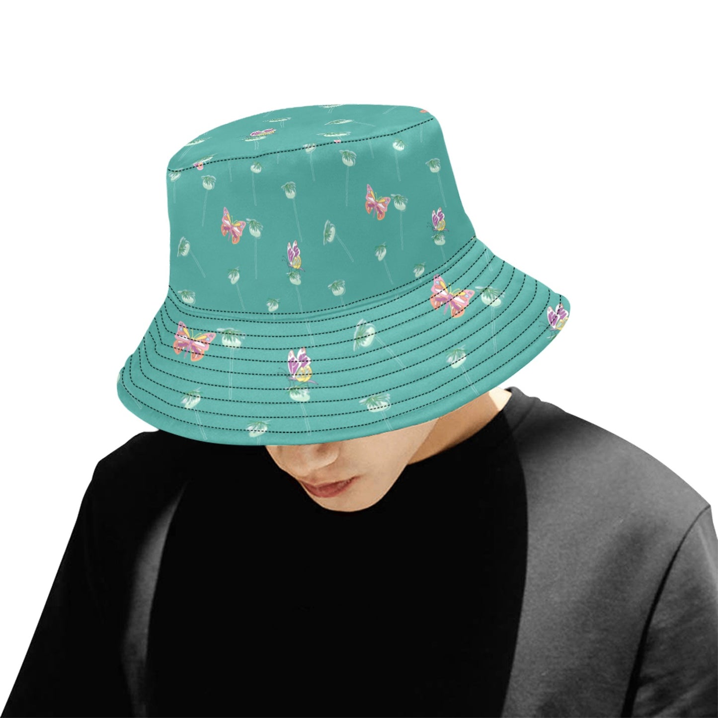 butterflies_on_seedpods_bucket hat model looking down