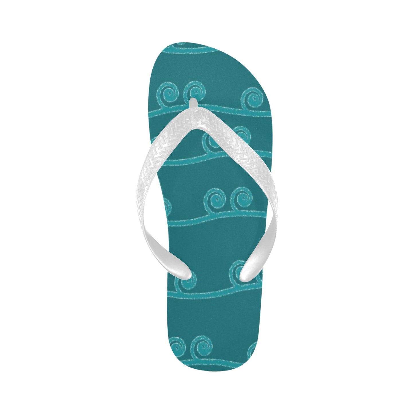 single flip flop with a blue green curly ocean wave design