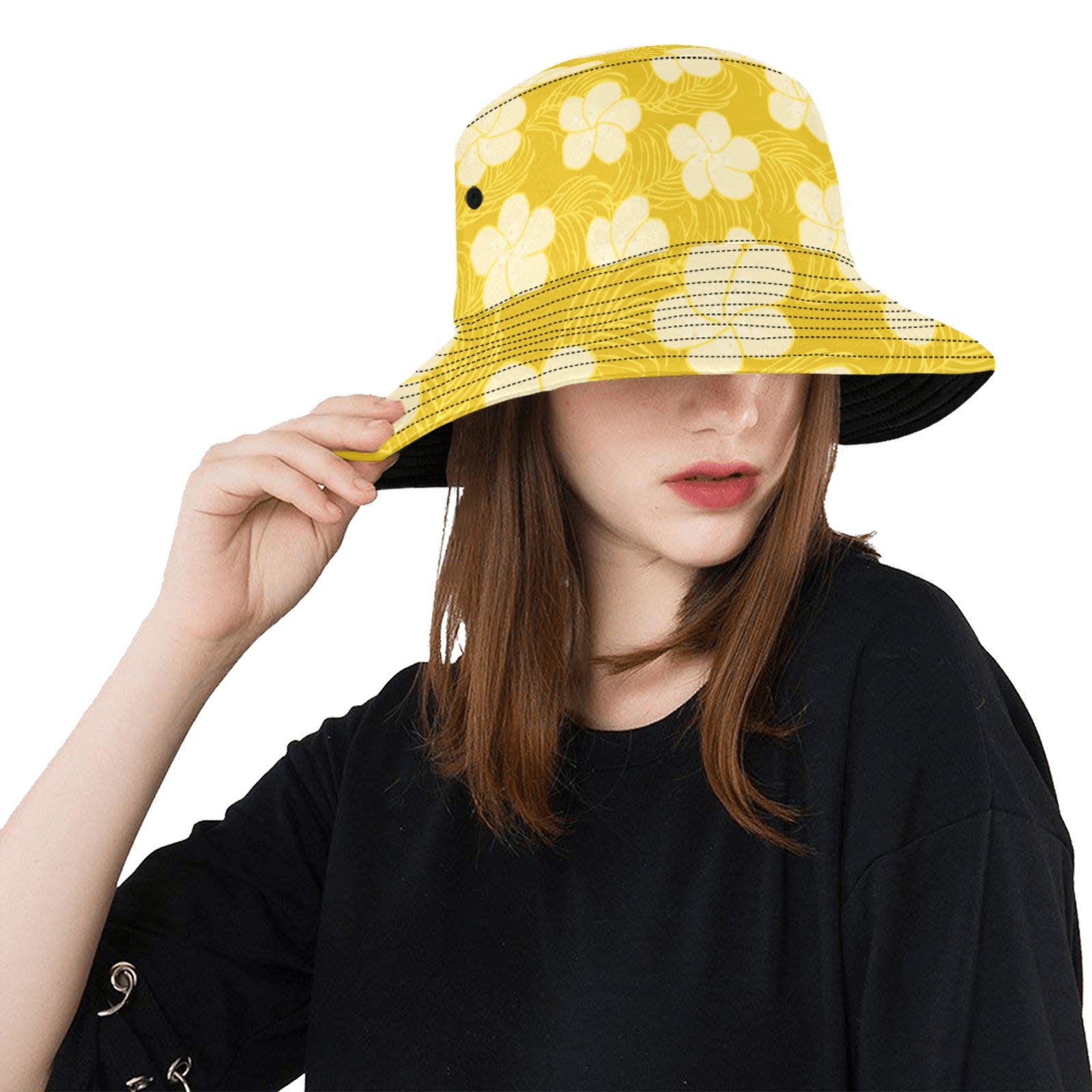 model wearing hand drawn frangipani bucket hat