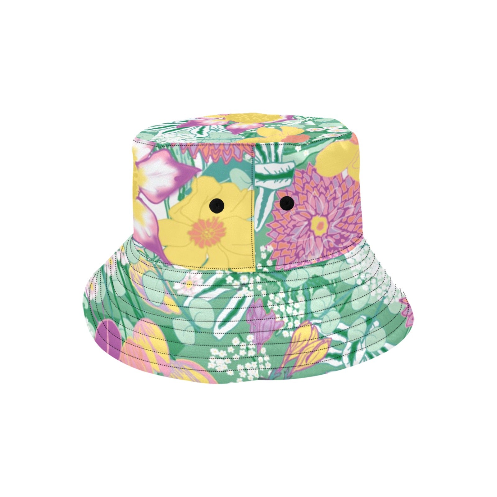 back view of  spring flower bucket hat