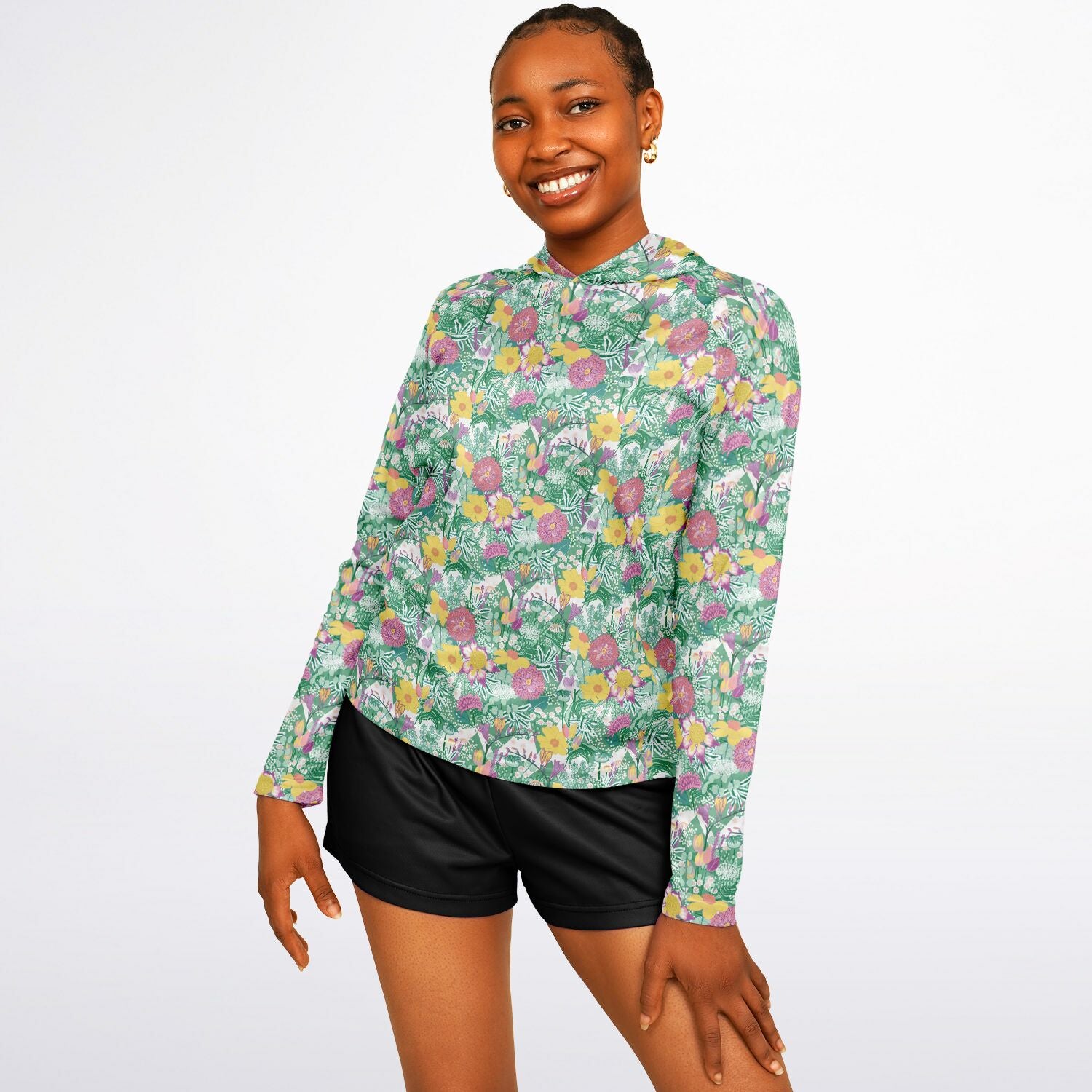Sun protection hoodie with bright and colourful spring flower bouquet front view