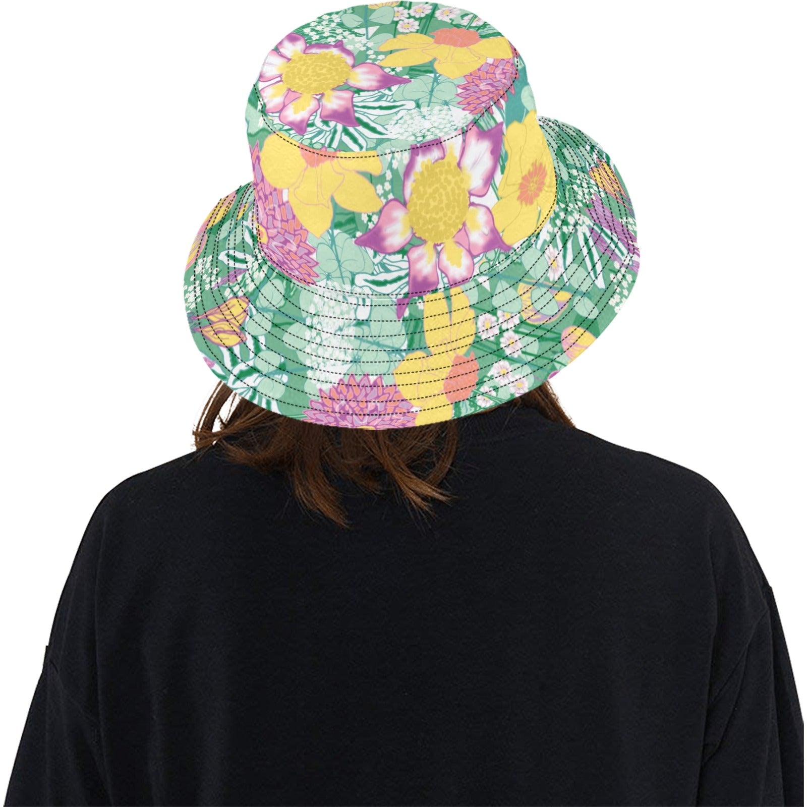 model showing back view of spring flower bucket hat