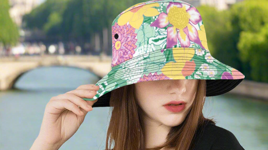 model next to Seine river wearing the spring flower bucket hat