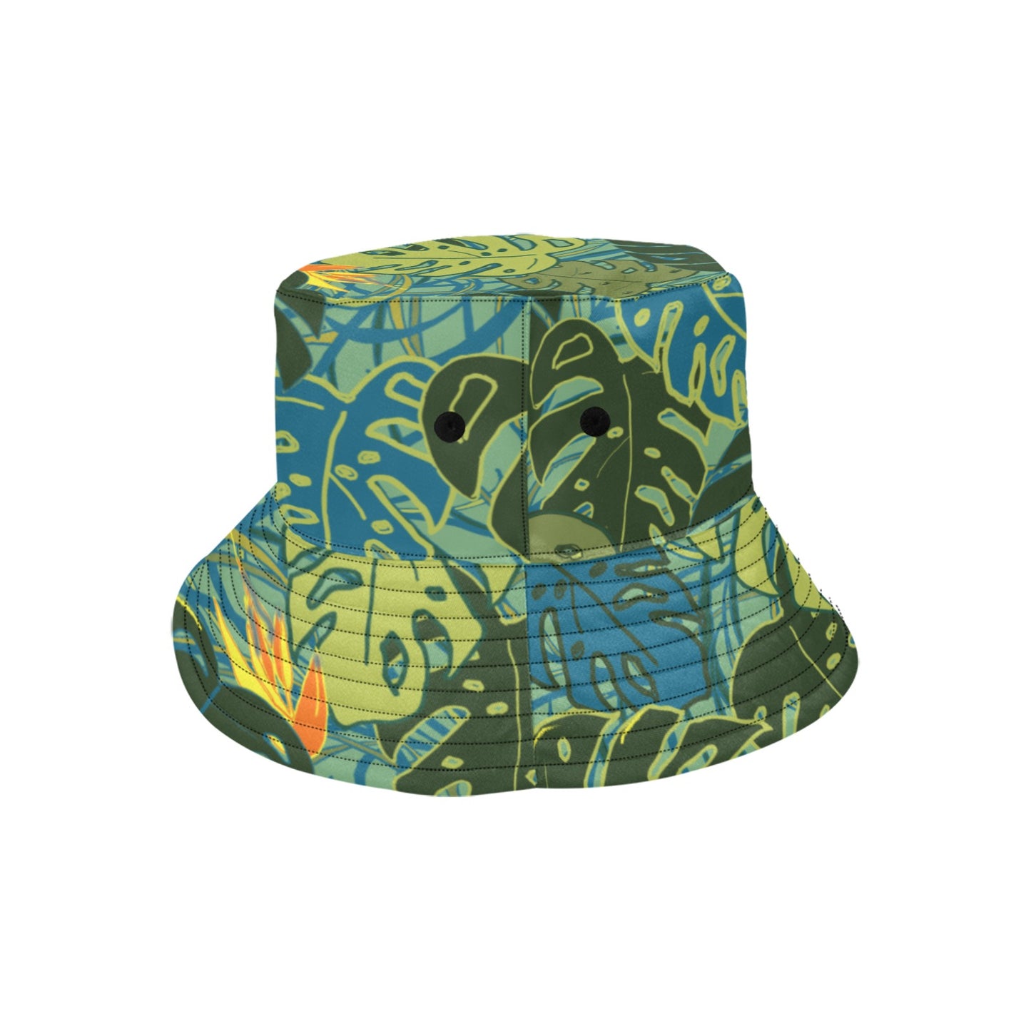 bucket hat with tropical canopy monstera leaves rear