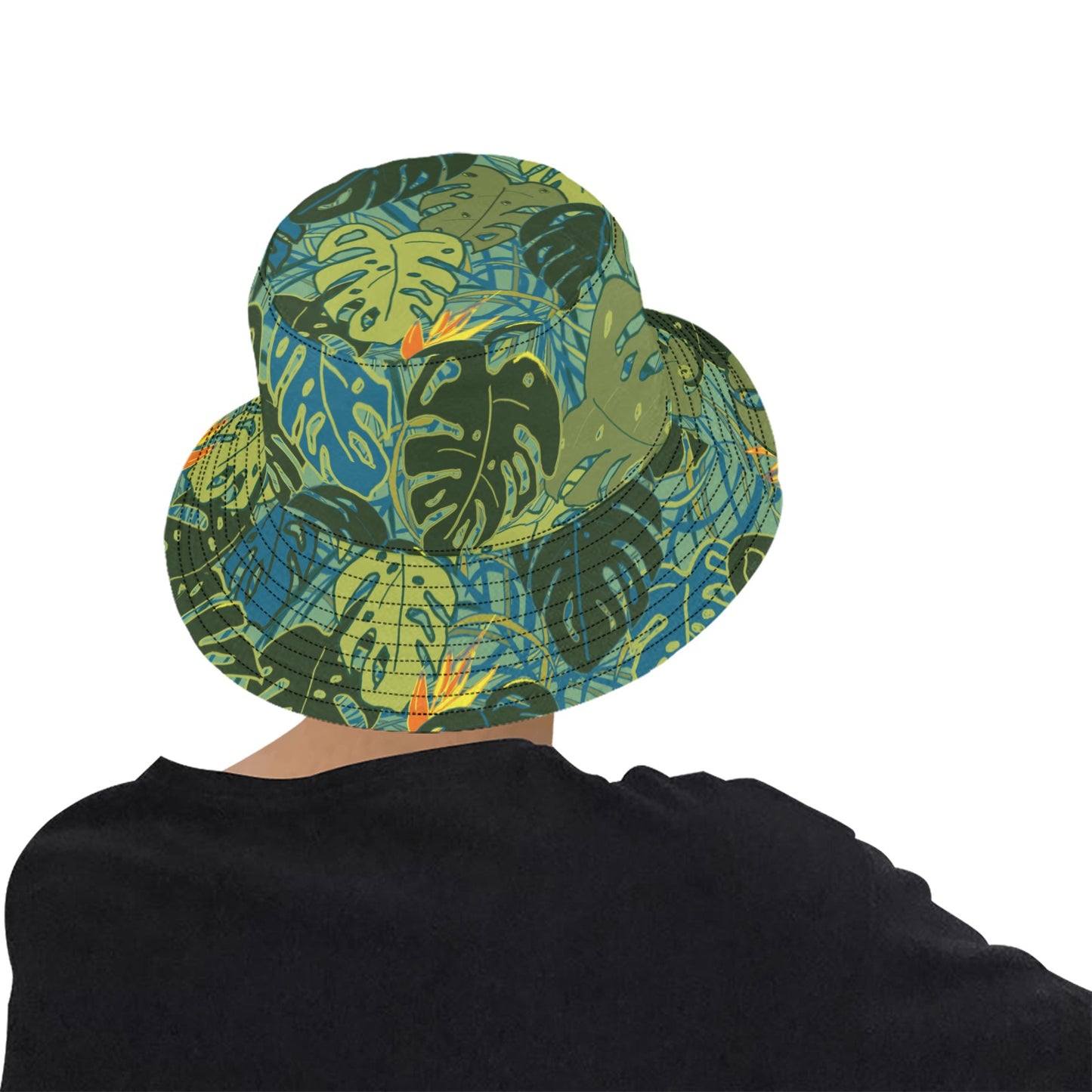model showing rear view of monstera leaf bucket hat