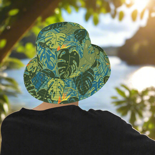 model showing rear view of monstera leaf bucket hat