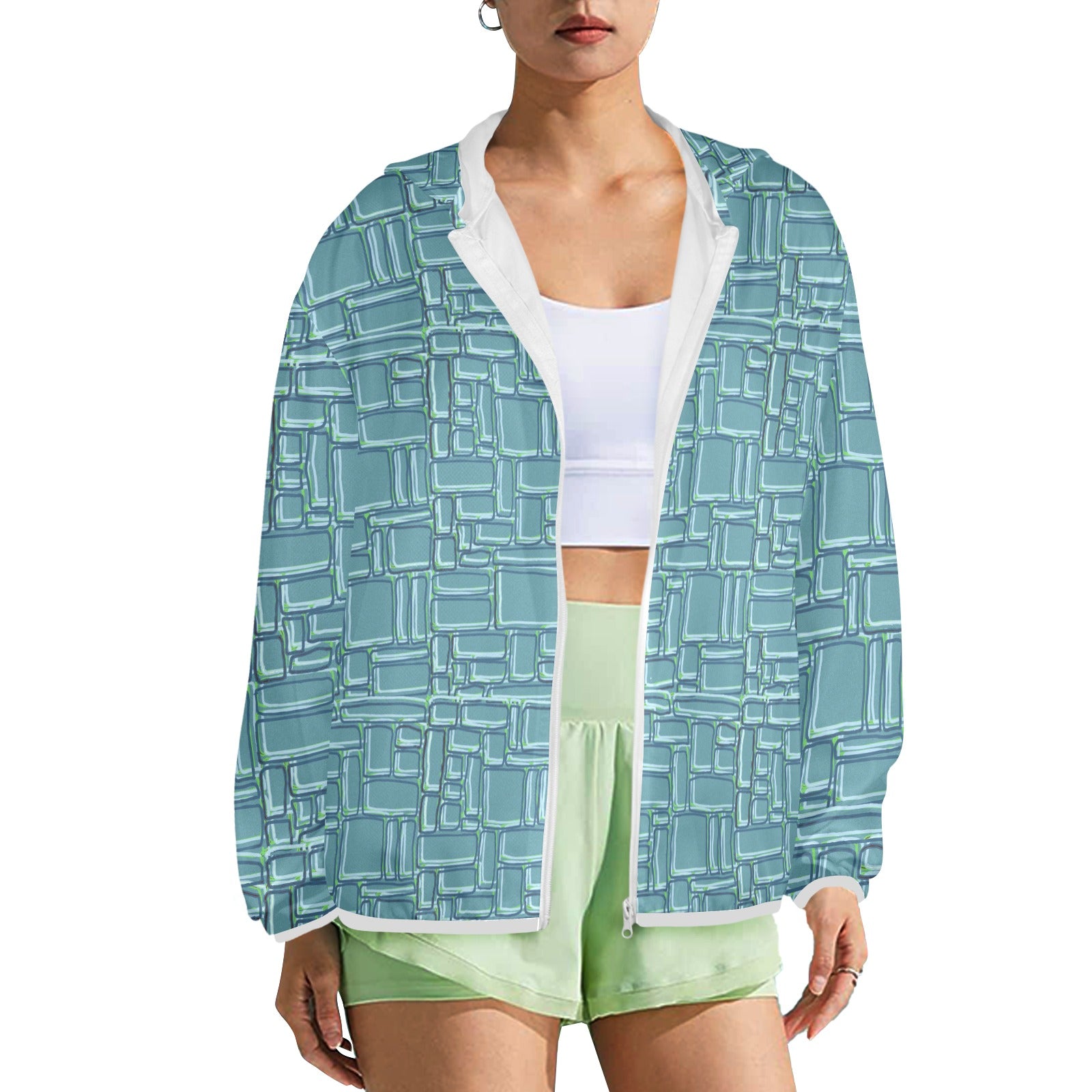 model wearing hand drawn tropical temple stone zipped sun hoodie front view